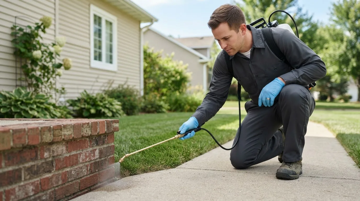 Pest control technician treating a home near Zanoni, MO